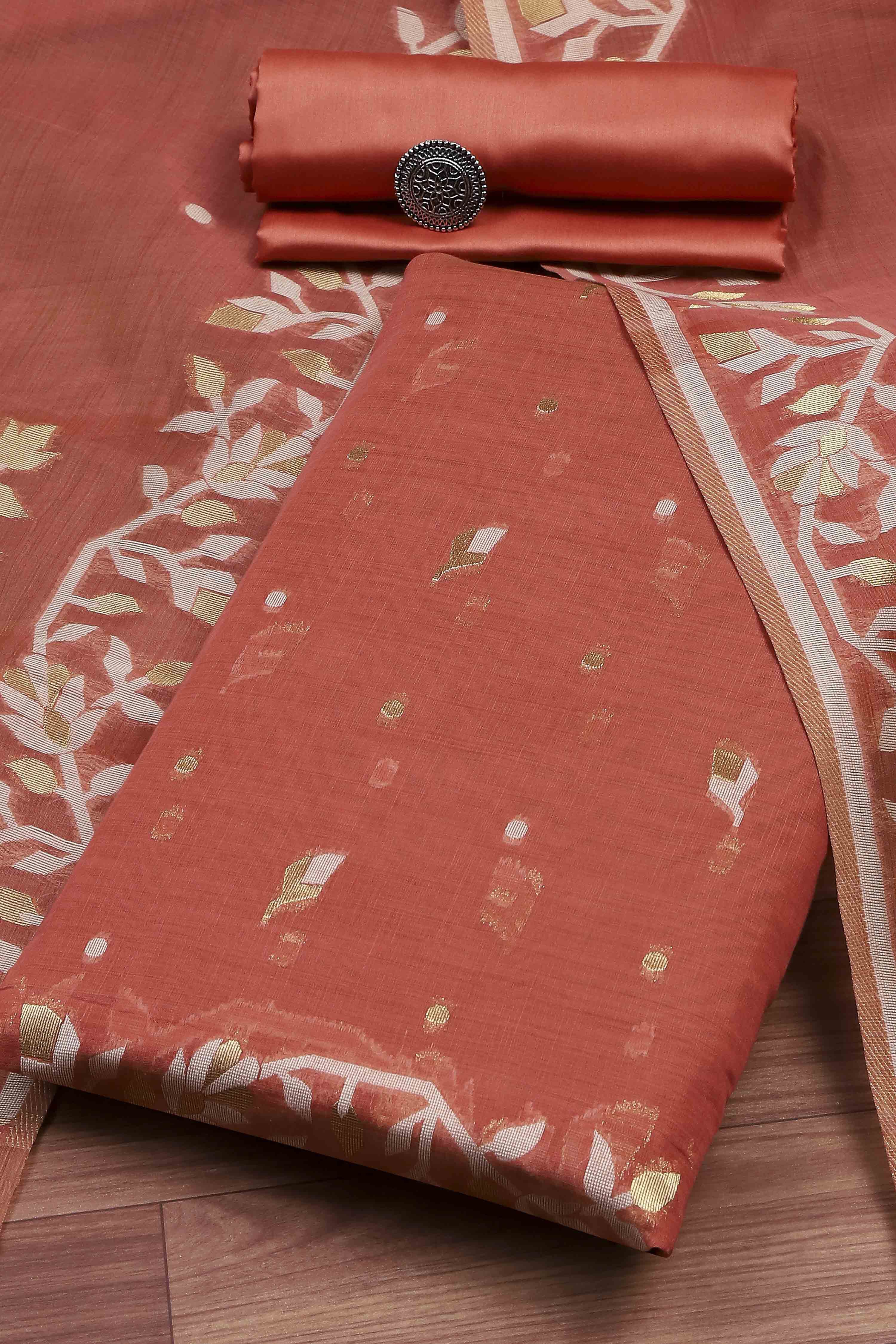 Rust Cotton Jamdani Unstitched Suit Set image number 0