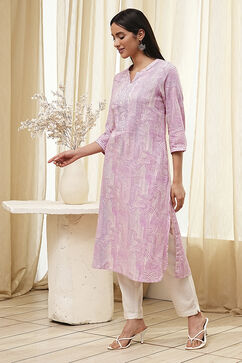 Pink Cotton Printed Straight Kurta image number 1