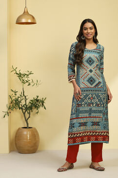 Blue Geometric Printed Straight Kurta image number 5