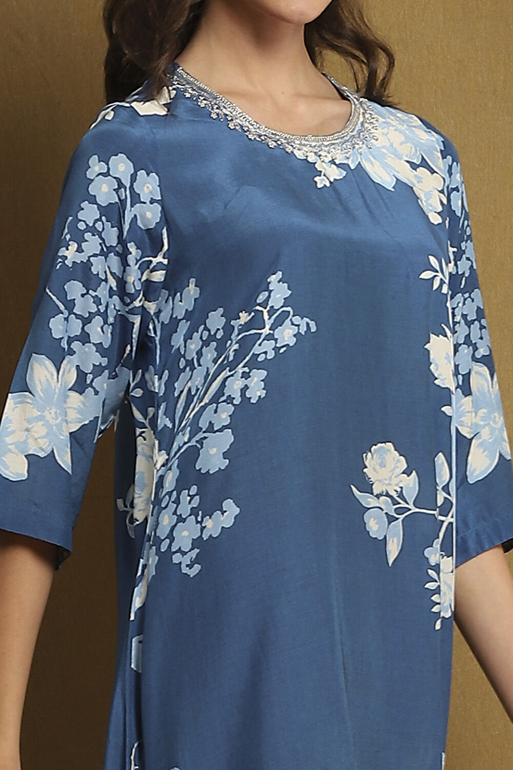Indigo Modal Floral Printed Asymmetric Kurta Set image number 1