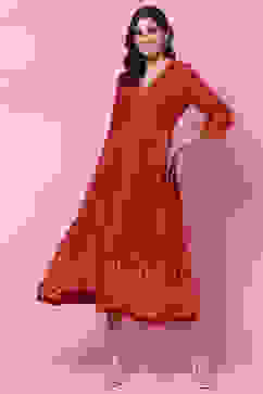 Rust LIVA Flared Fusion Printed Dress image number 0
