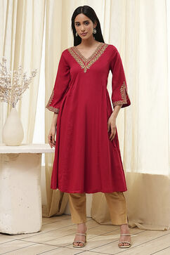 Red Cotton Solid A-Line Kurta image number 5