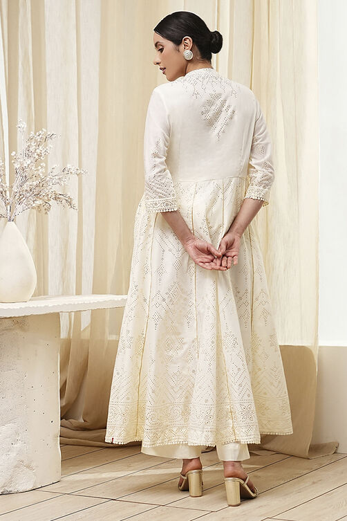 Off-White Cotton Embellished Anarkali Suit Set image number 4