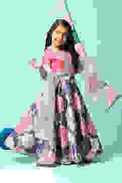 Pink & Blue Viscose Blend Lehenga Set image number 6