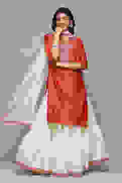 Red & Off White Cotton Blend Straight Kurta Suit Set image number 0