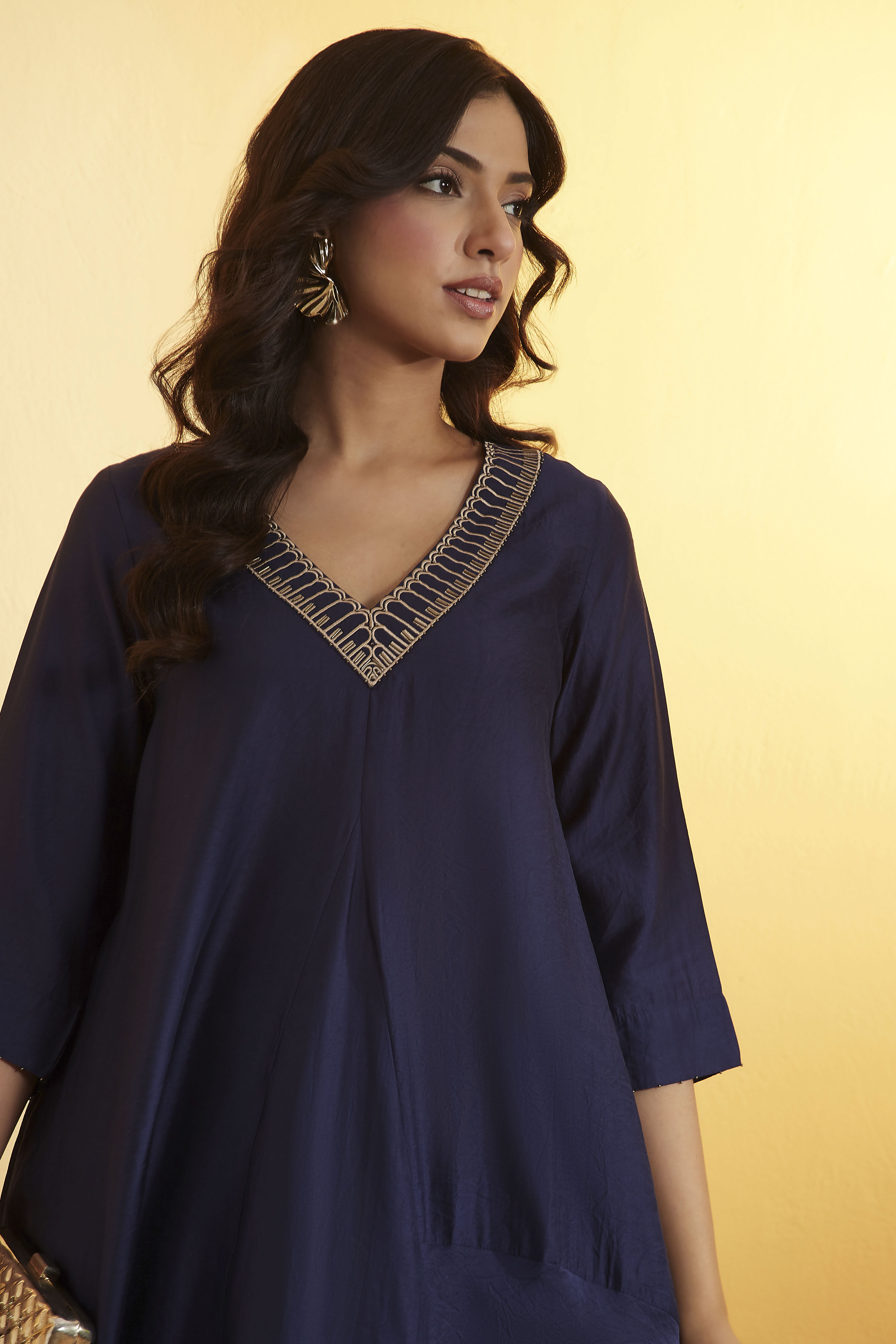 Navy Viscose Silk Kalidar Kurta Pants Set image number 1
