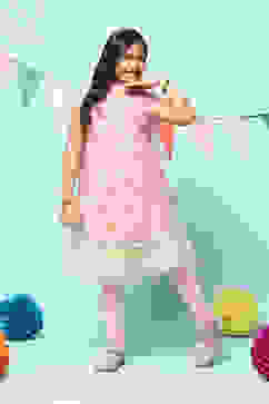 Off White Cotton Blend A-Line Printed Suit Set image number 8