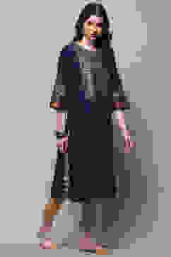 Navy Blue Pure Cotton Straight Kurta image number 4