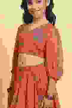 Orange Polyester Printed Kalidar Lehenga Set image number 1