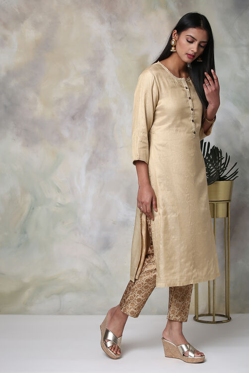Brown Metallic Cotton Straight Kurta Pants Set image number 4