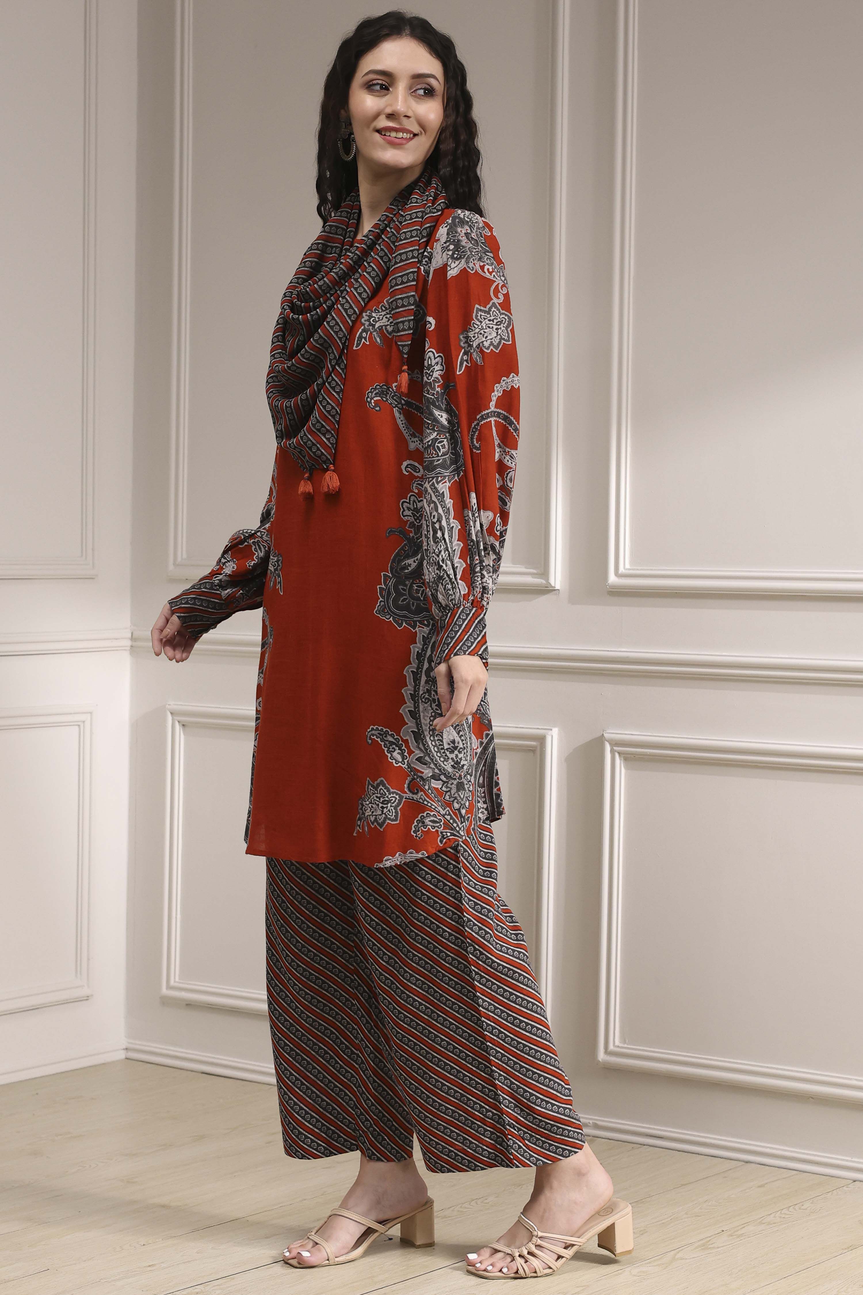 Orange Printed Straight Suit Set image number 3