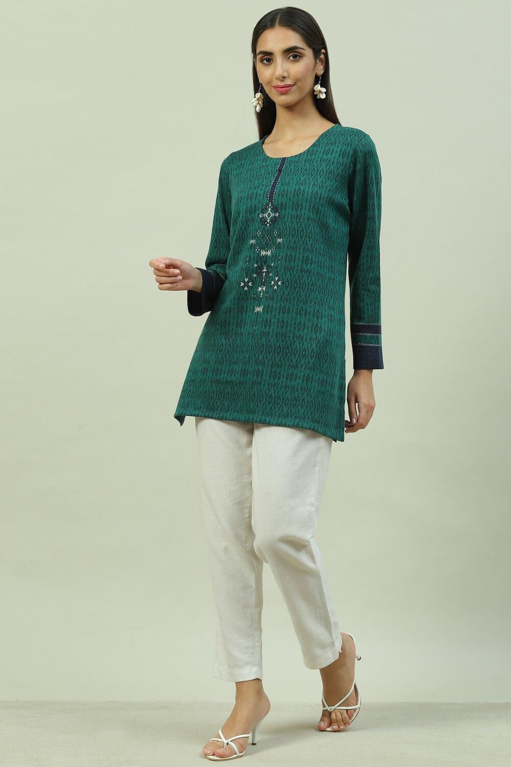 Green Poly Metallic Straight Printed Kurti image number 5