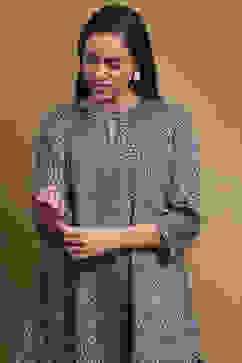 Ink Blue Knitted Block-Print Winter wear Short Kurta image number 1