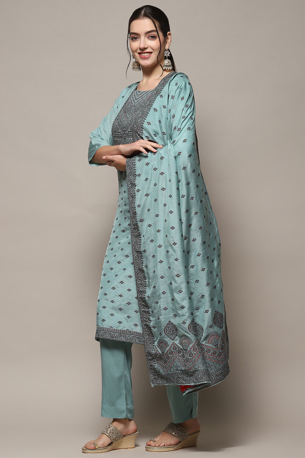 Sky Blue Chanderi Unstitched Suit Set image number 5