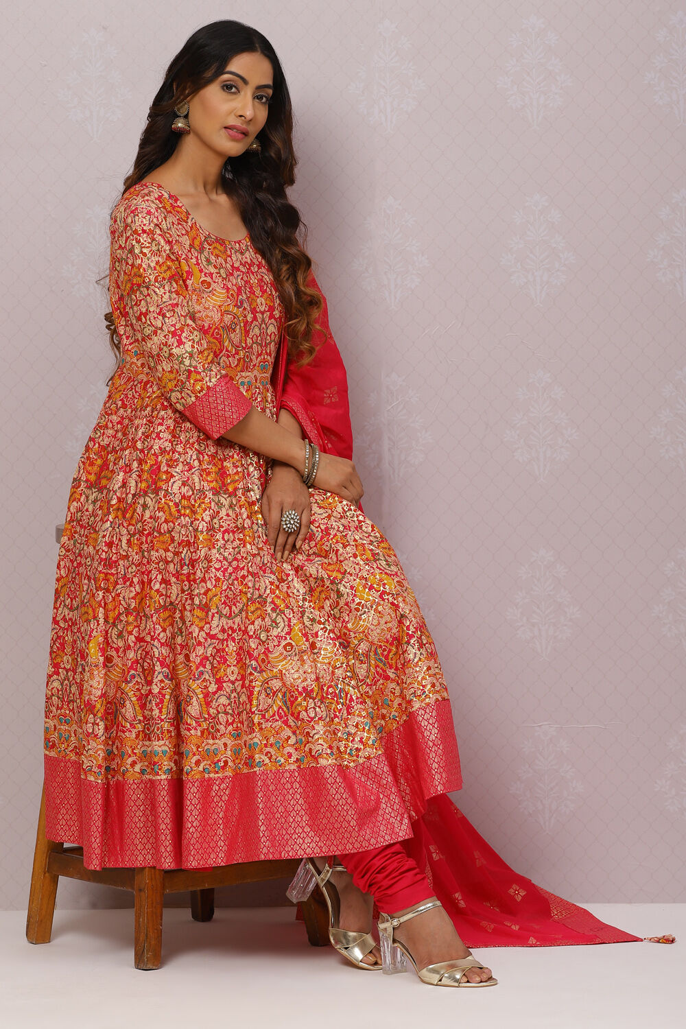 Fuchsia Cotton Anarkali Kurta Churidar Suit Set image number 0