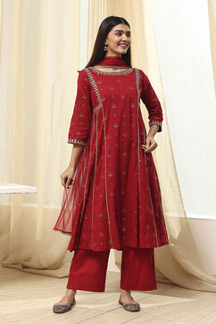 Red Cotton Foil Printed Kalidar Suit Set image number 6
