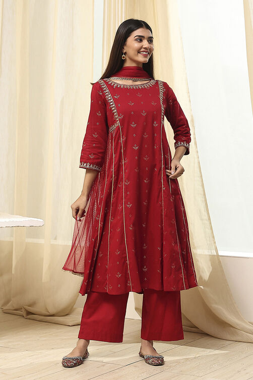 Cream-Colored Cotton Foil Printed Kalidar Suit Set image number 6