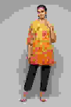 Yellow Polyester Straight Printed Top image number 1