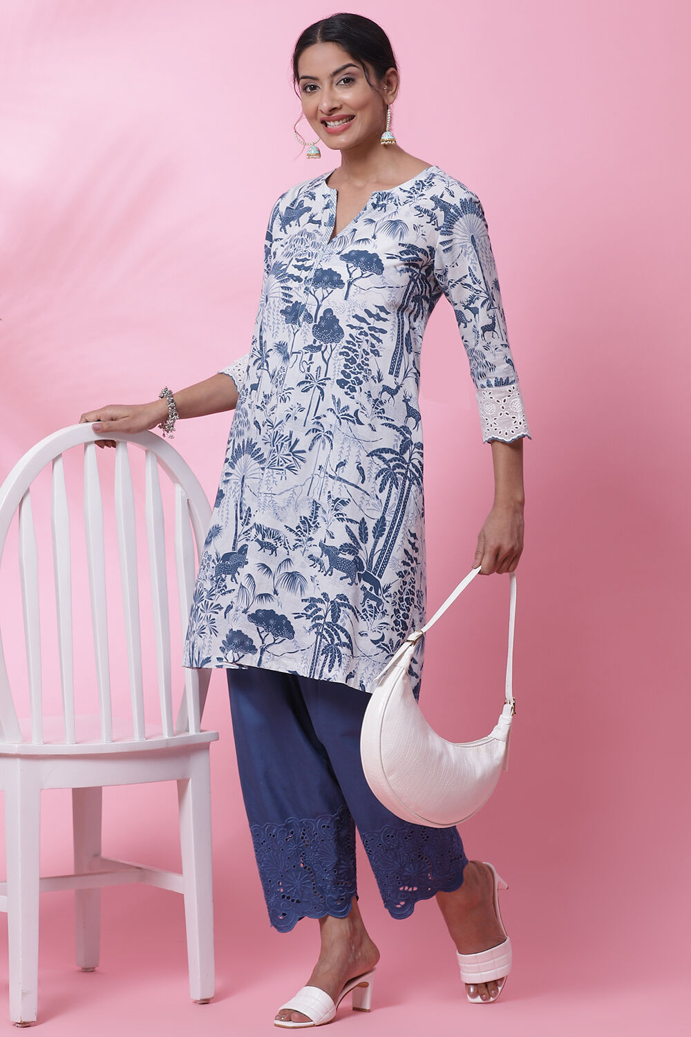 White And Blue Cotton A-Line Kurta Salwar Pant Suit Set image number 6