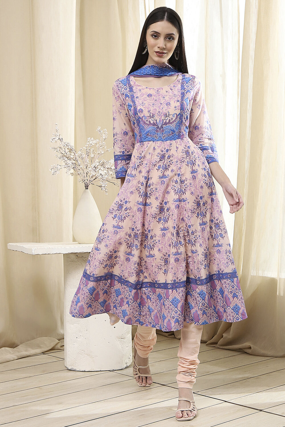 Blue Cotton Printed Anarkali Suit Set image number 6