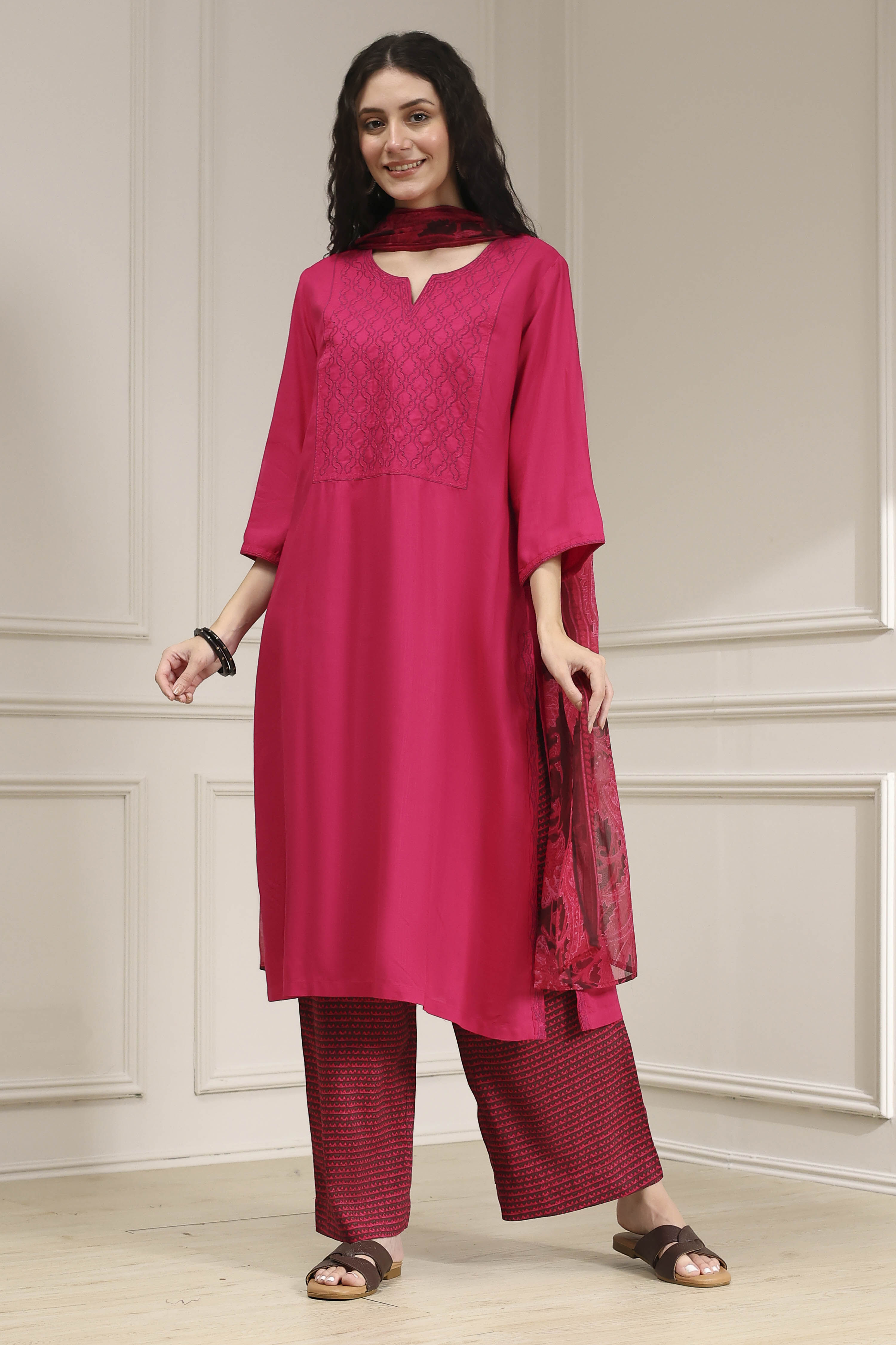 Pink Embroidered Straight Suit Set image number 6