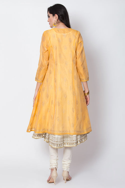 Yellow Poly Cotton Front Open Kurta Churidar Suit Set image number 6