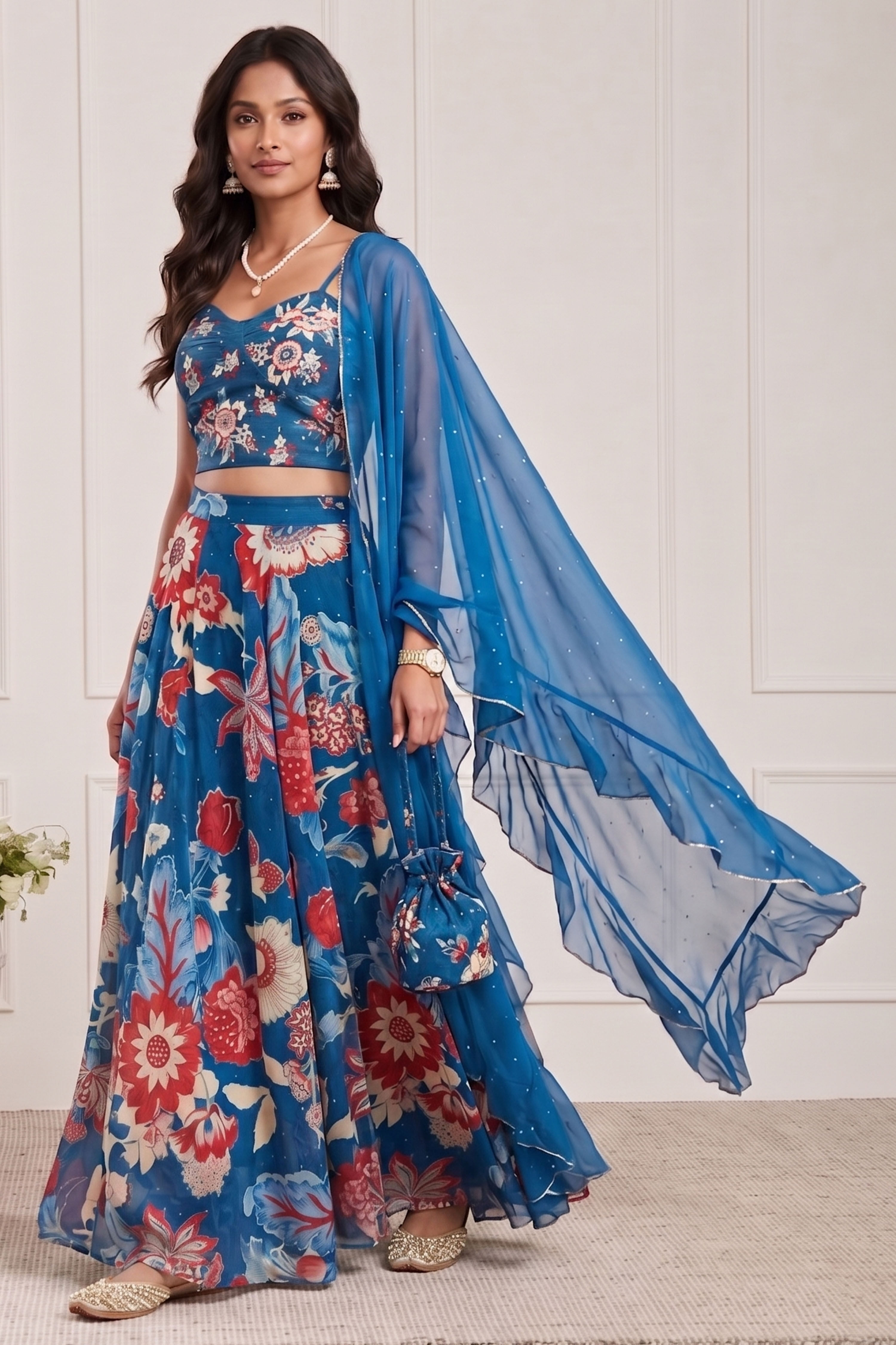 Blue Viscose Rayon Printed Lehenga Set image number 0
