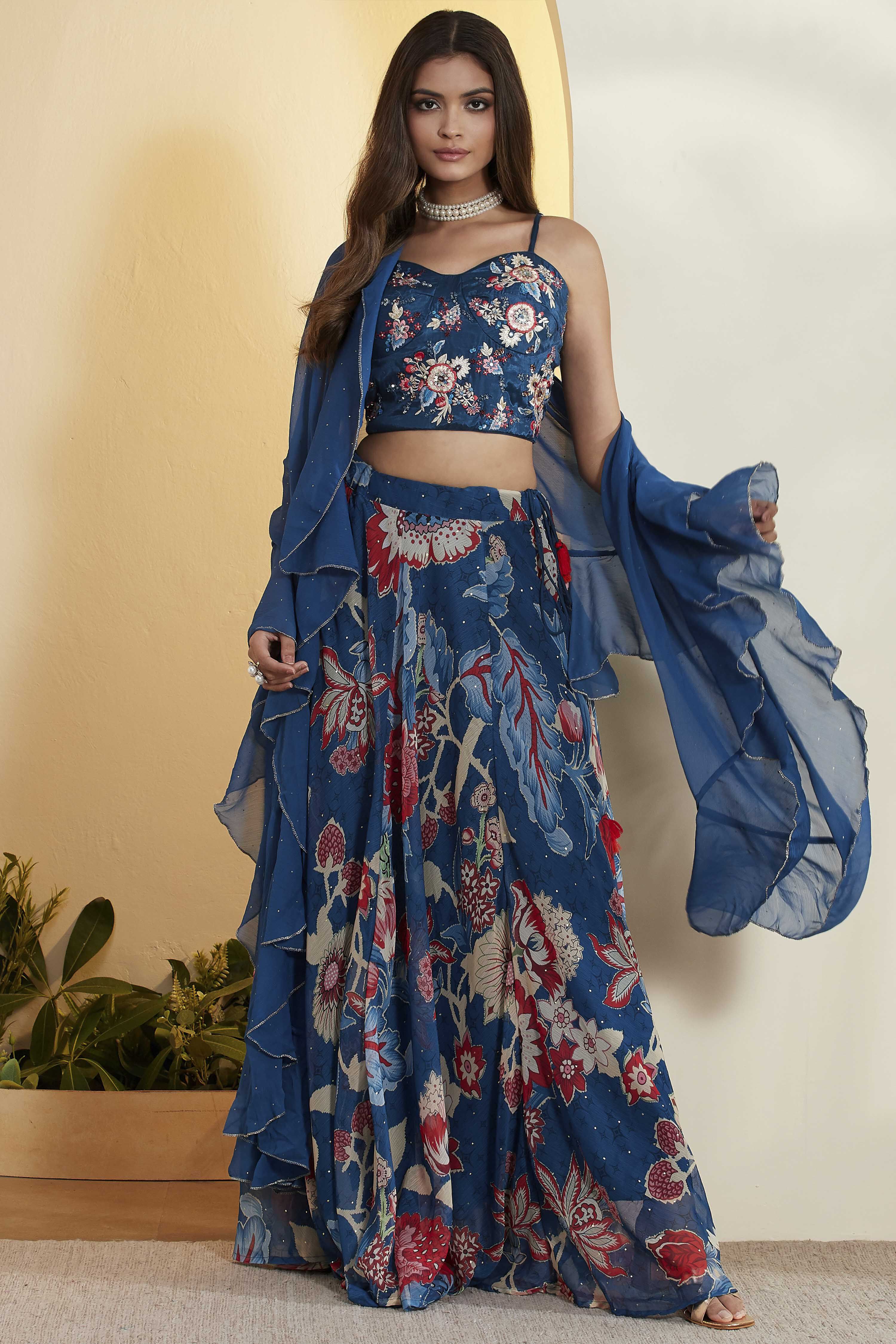 Blue Viscose Rayon Printed Lehenga Set image number 2