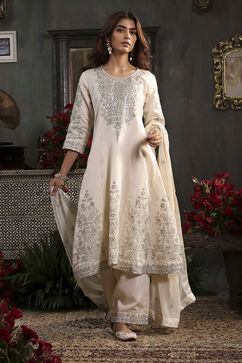 Off White Cotton Silk Anarkali Suit Set image number 0