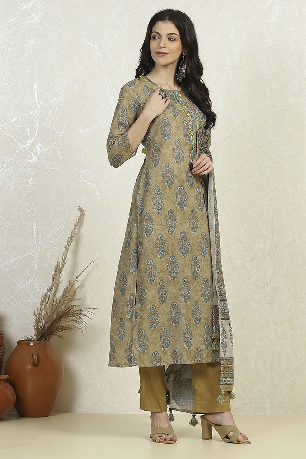 Lime Green Cotton Digital Print Unstitched Suit Set image number 6