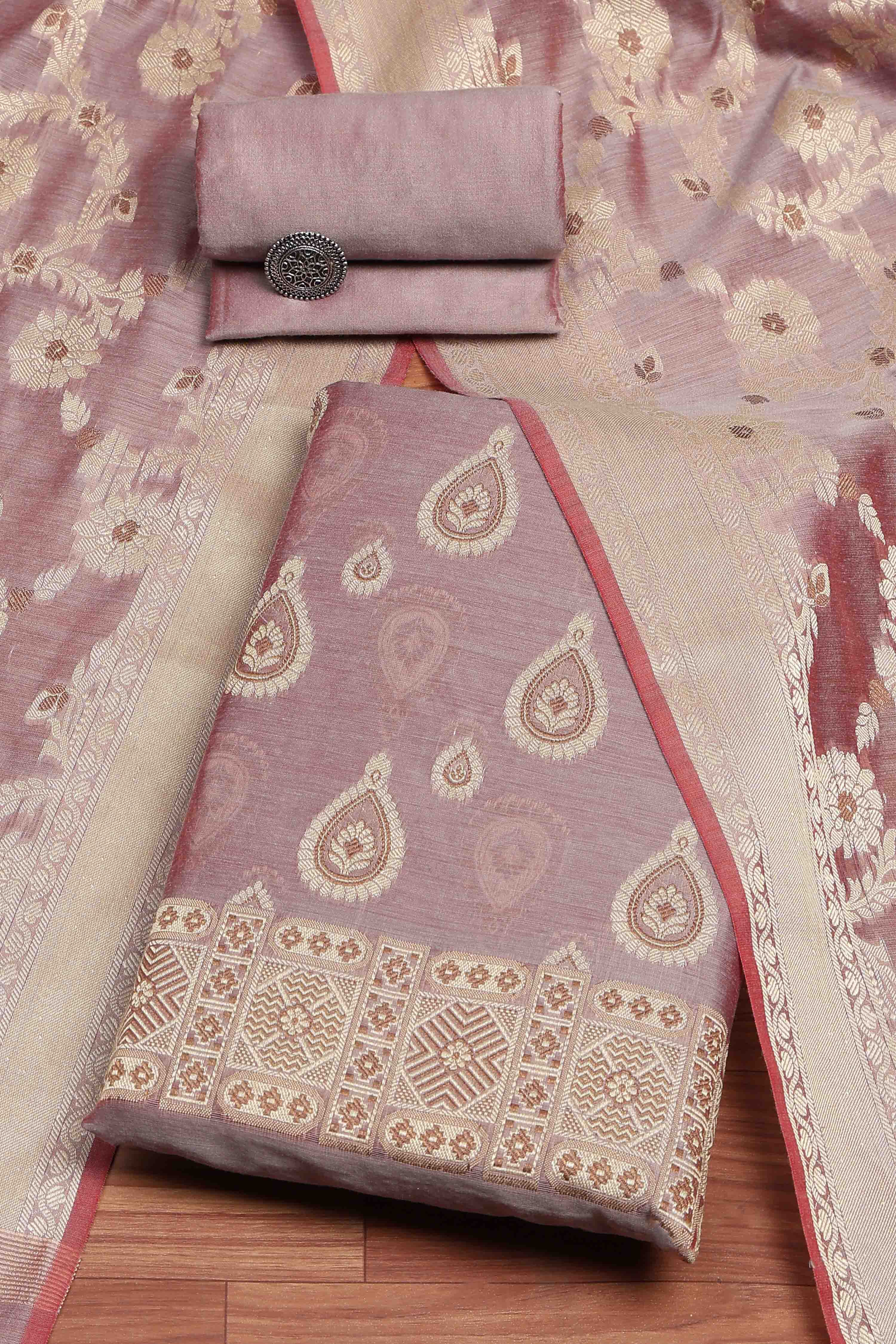 Pink Cotton Printed Embroidered Unstitched Suit Set image number 0