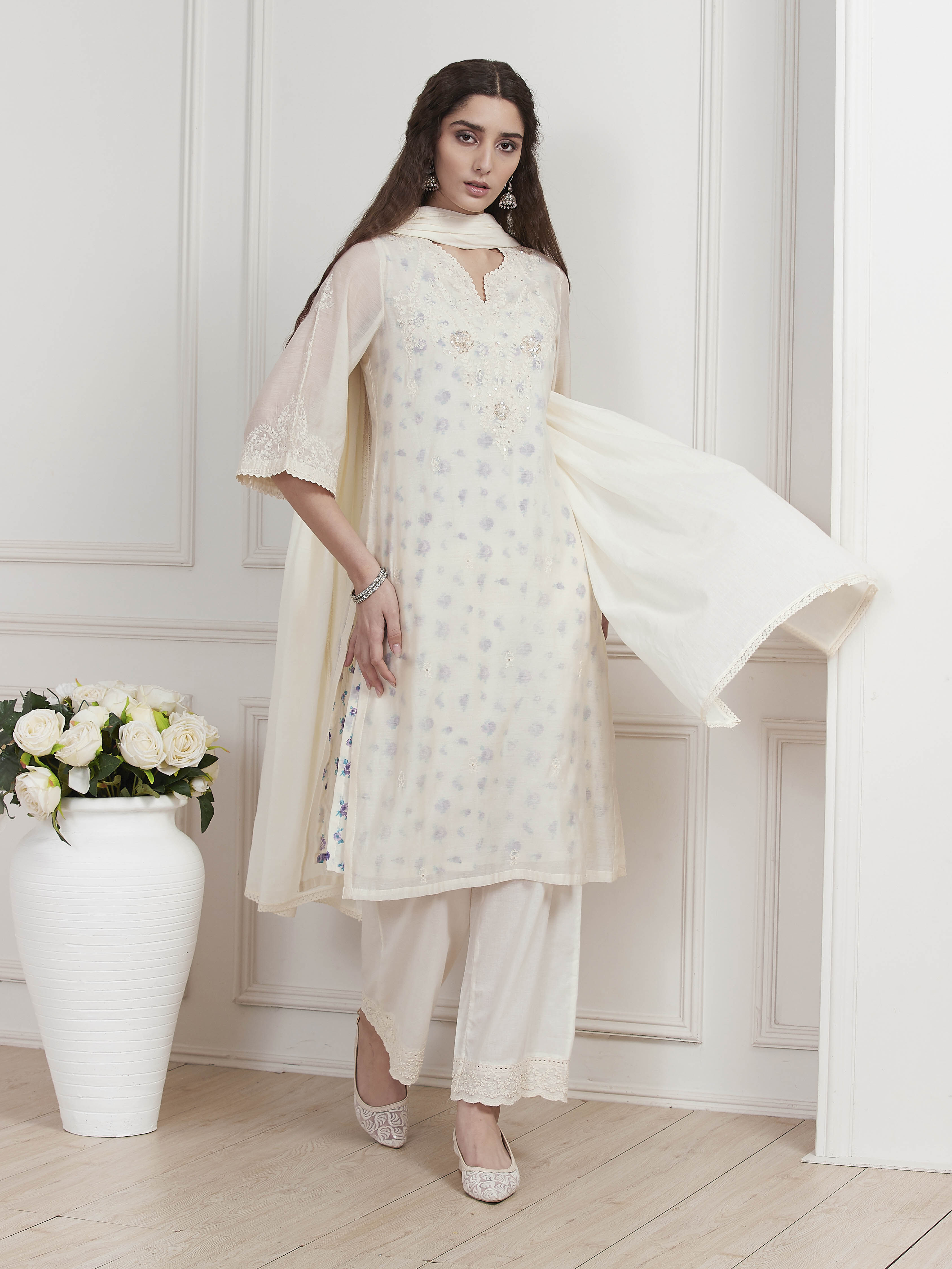 Ivory Poly Chanderi Embroidered Straight Suit Set image number 7