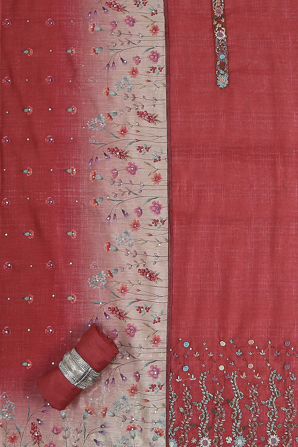Red Chanderi Hand Embroidered Unstitched Suit Set image number 1