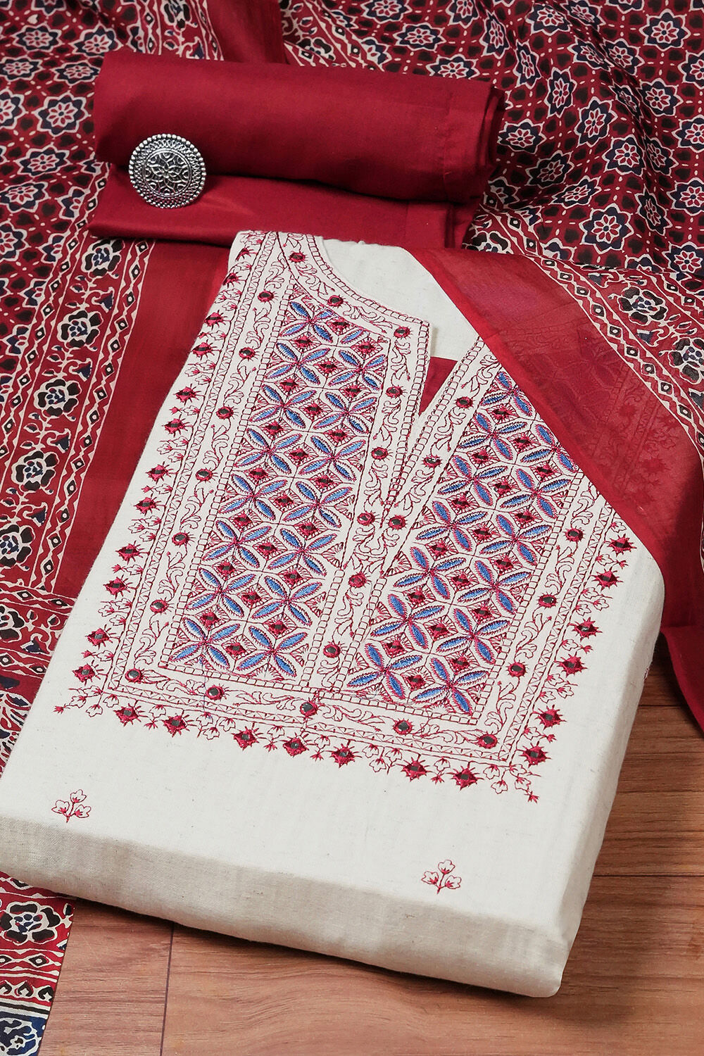 Beige Cotton Machine Embroidered Unstitched Suit Set image number 0