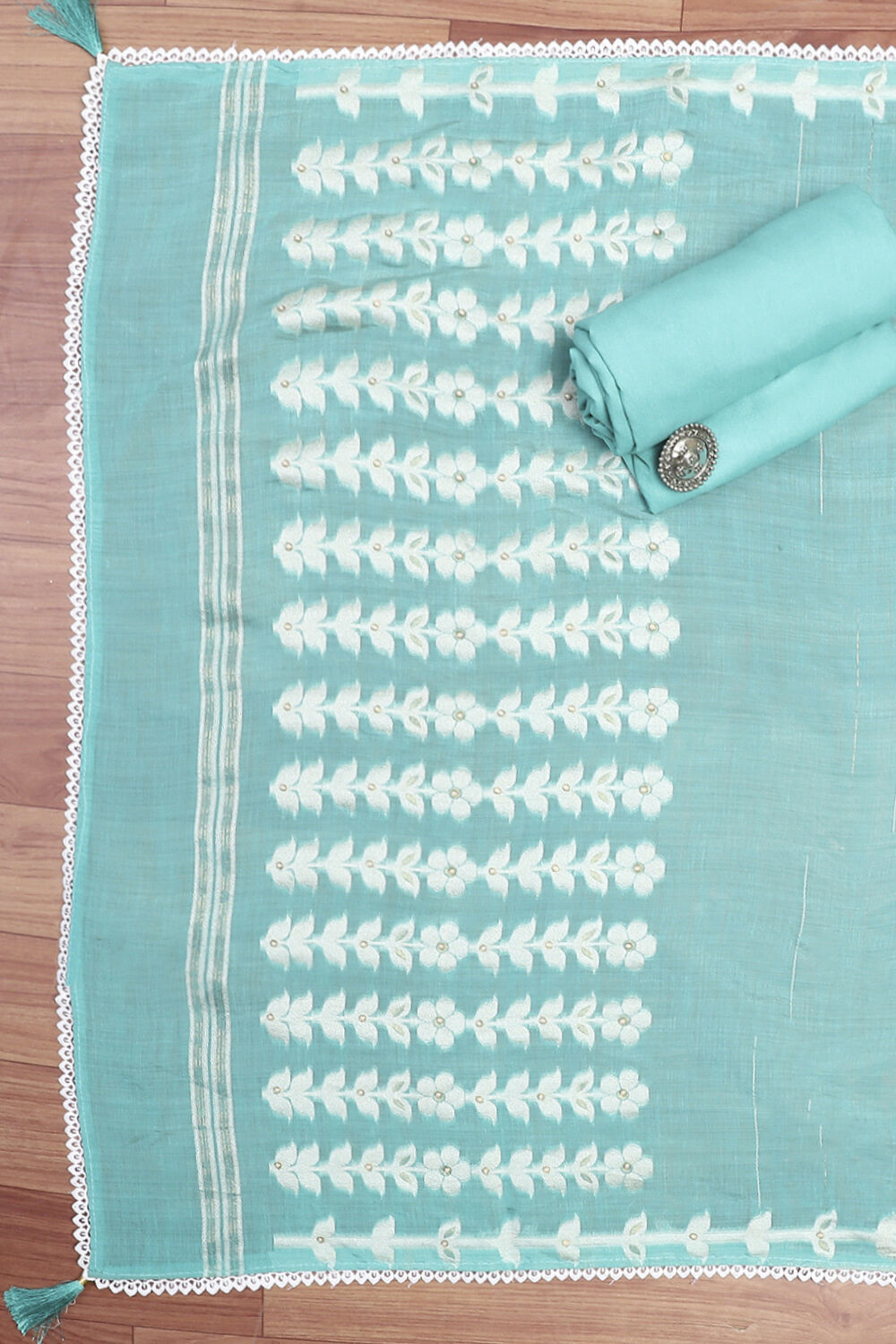 Blue Chanderi Unstitched Suit Set image number 2