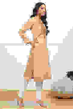 Beige Velvet Straight Kurta image number 5