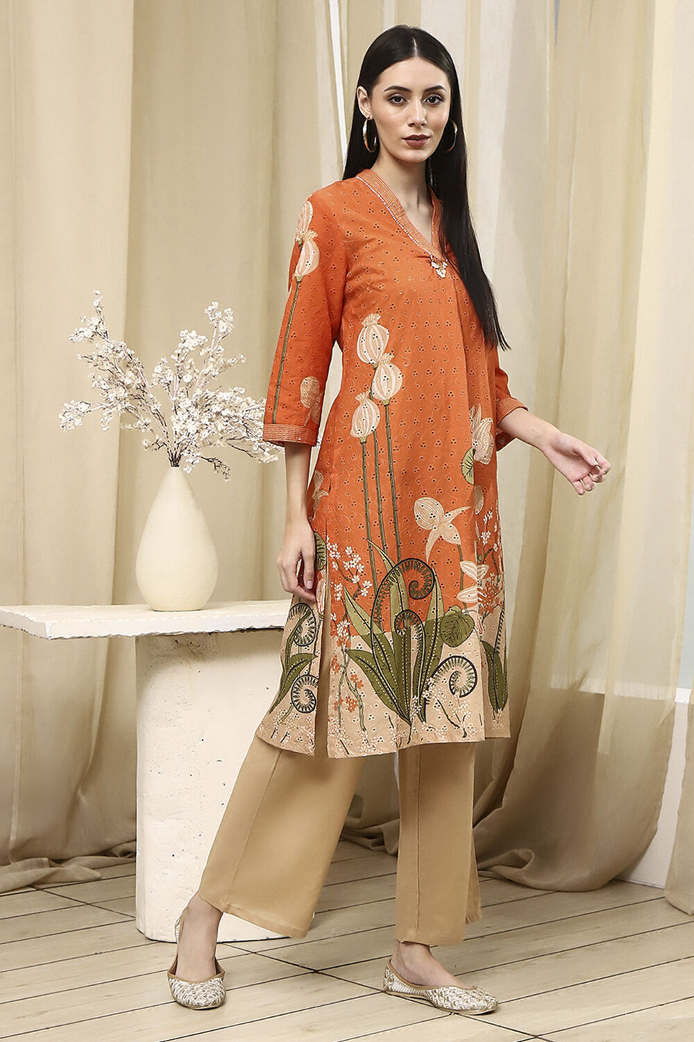 Orange Cotton Blend Schiffli Straight Kurta Set image number 5