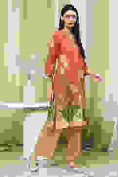 Orange Cotton Blend Schiffli Straight Kurta Set image number 5