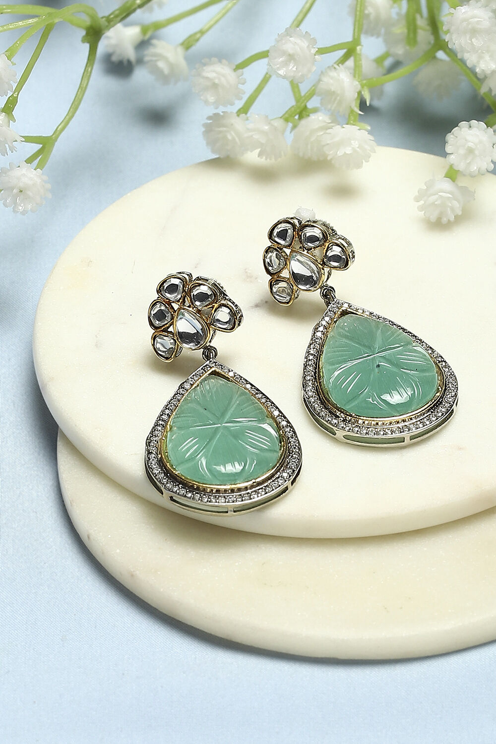 Mint Green Gold-Plated Kundan Tear Drop Danglers image number 0
