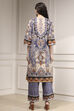 Navy Blue and Beige Cotton Straight Suit Set image number 4
