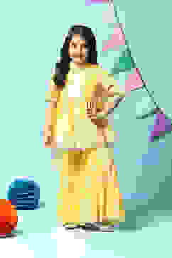 Yellow Cotton Blend Gathered Kurta Sharara Suit Set image number 7