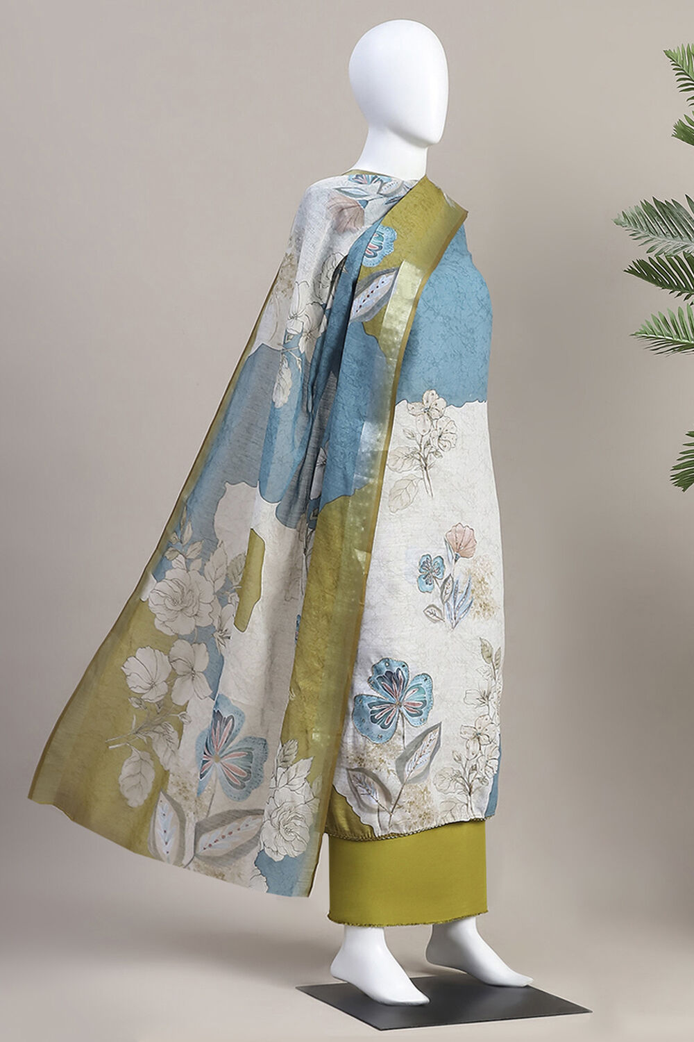 Light Green Linen Embroidered Unstitched Suit Set image number 4