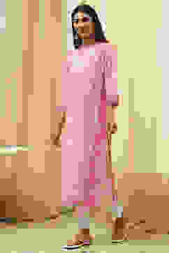 Pink Cotton Printed Straight Kurta image number 2