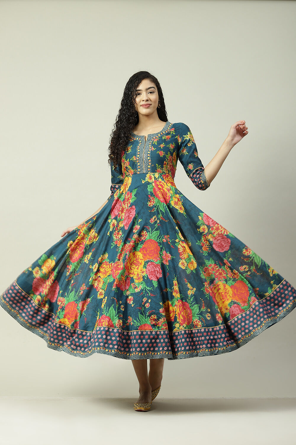 Red Cotton Flared Fusion Printed Dress image number 6