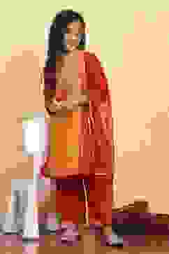 Mustard Yellow and Red Printed Straight Suit Set image number 0