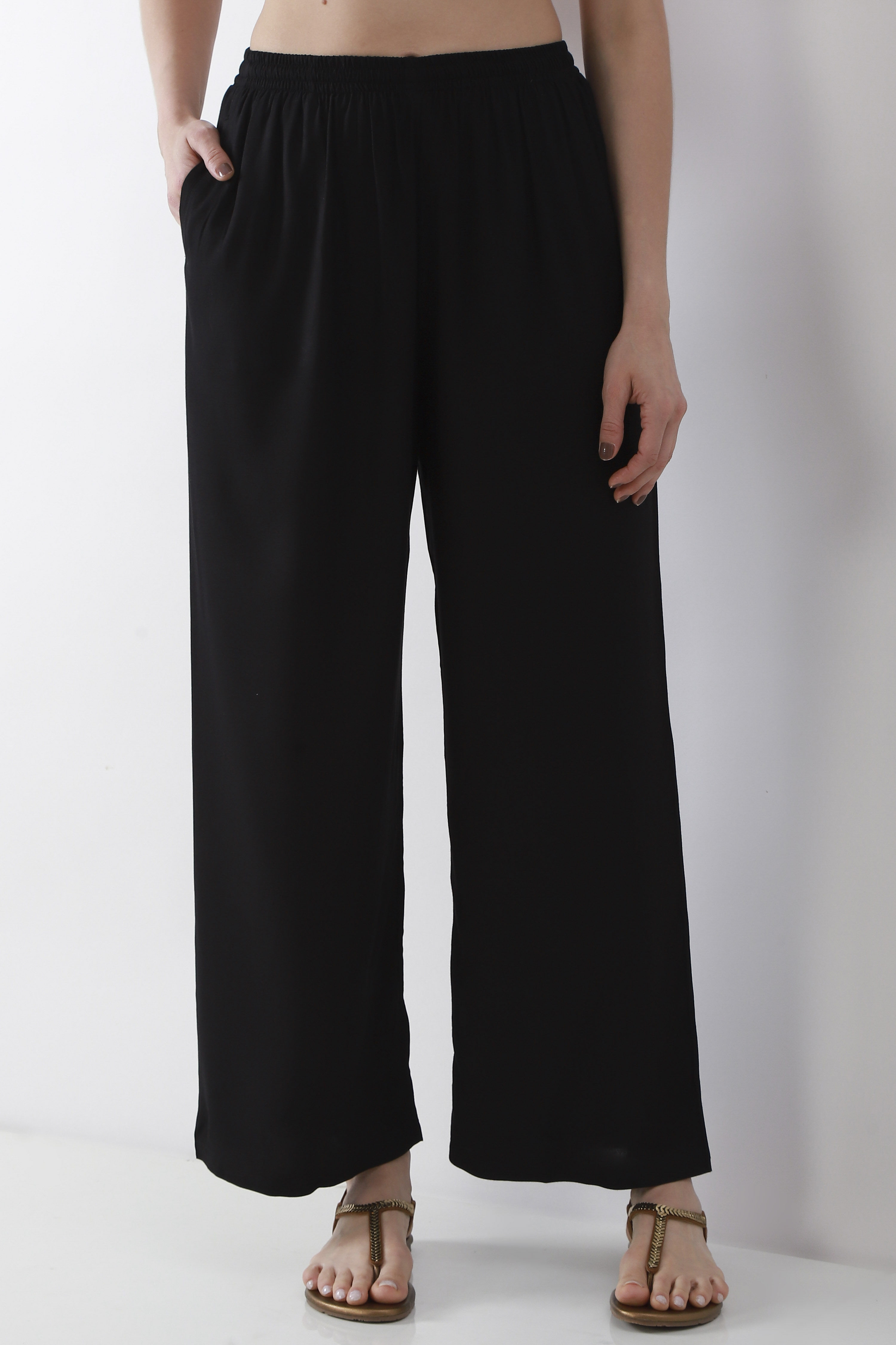 Black Viscose Rayon Straight Palazzos image number 4