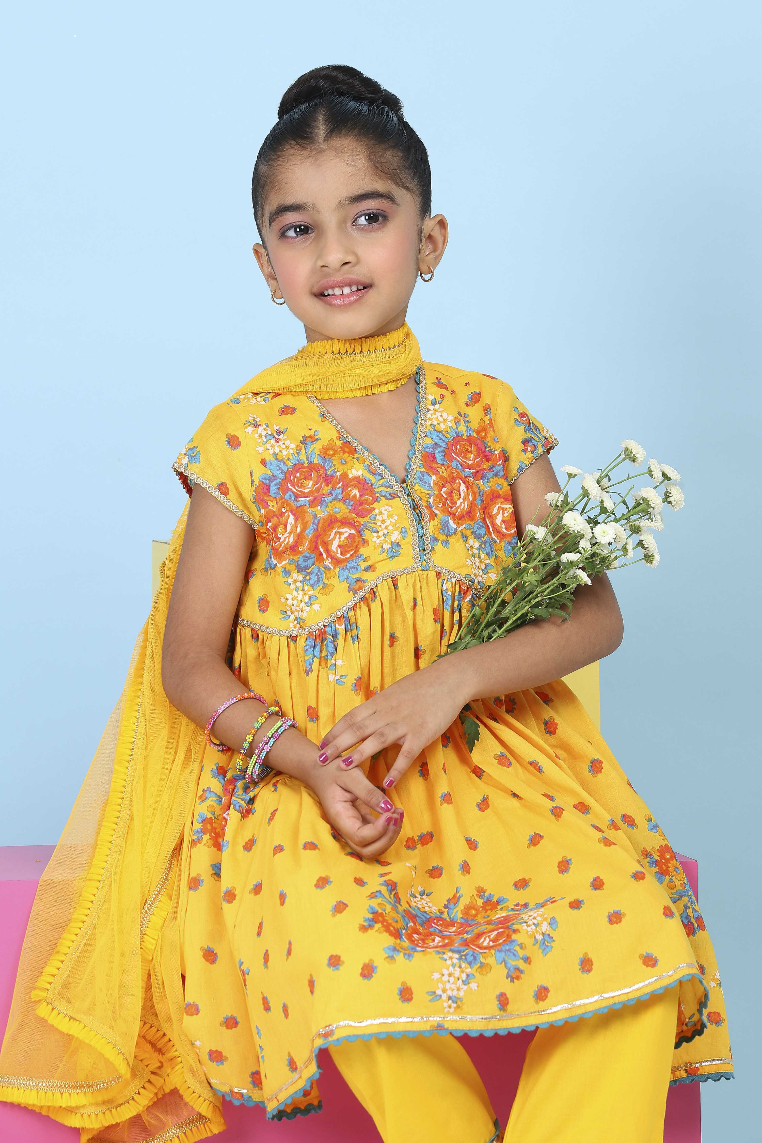 Yellow Cotton Printed Anarkali Suit Set image number 9