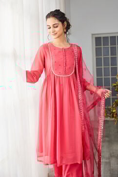 Pink Embroidered Gathered Kurta & Palazzo Suit Set image number 6