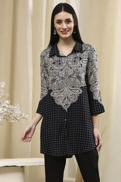Black Printed Shirt-Style Straight Short Kurta image number 5
