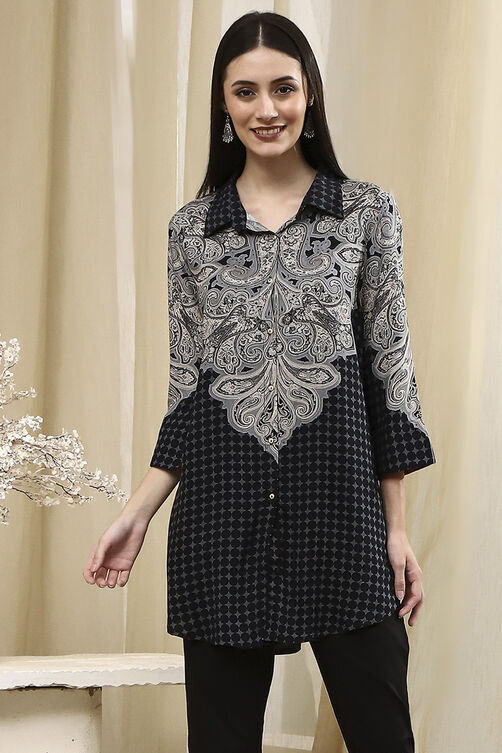 Black Printed Shirt-Style Straight Short Kurta image number 5